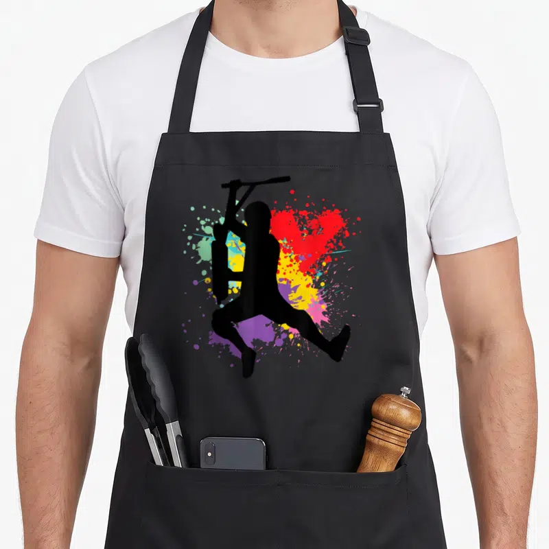 Tablier de cuisine noir avec silhouette trottinette freestyle et éclats de peinture colorés.