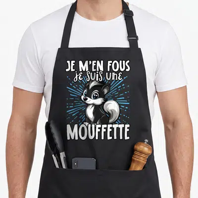 Tablier de cuisine noir avec une mouffette dessinée et le texte Je m'en fous je suis une mouffette en lettres blanches.