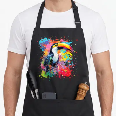 Tablier de cuisine noir avec un toucan aux éclaboussures colorées vives.