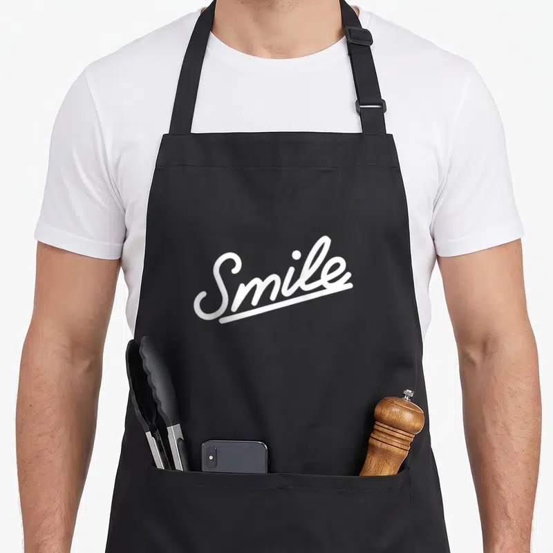 Tablier de cuisine noir avec l'inscription Smile en lettres blanches cursives soulignées.