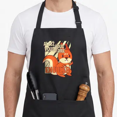 Tablier de cuisine noir avec illustration d'un écureuil orange et le texte Allez Tous Vous Faire Enculer en lettres capitales.