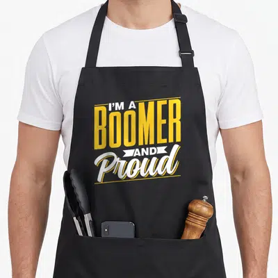 Tablier de cuisine noir avec le texte I'M A BOOMER AND Proud en jaune et blanc.