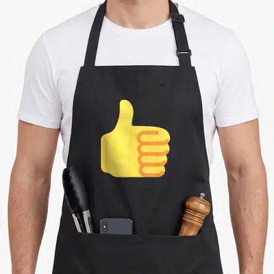 Tablier de cuisine noir avec une grande icône jaune représentant un pouce levé aux contours orange vifs.