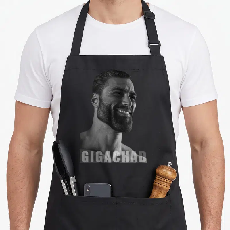 Tablier de cuisine noir avec le portrait en noir et blanc de GigaChad et l'inscription Gigachad en bas.