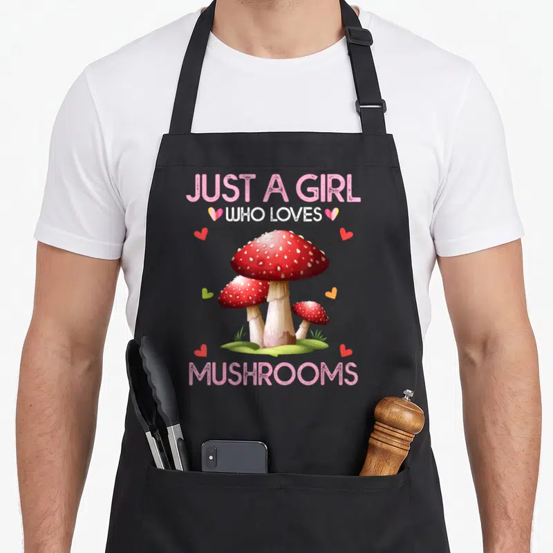 Tablier de cuisine noir avec trois champignons rouges à pois blancs, cœurs colorés et texte en anglais rose et blanc.