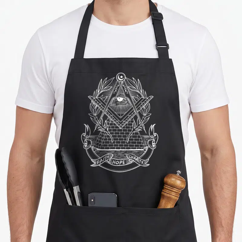 Tablier de cuisine noir avec un œil dans un triangle, un compas et le texte Faith Hope Charity en blanc.