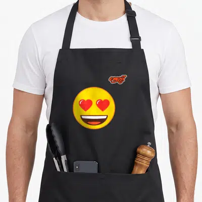 Tablier de cuisine noir avec un grand emoji jaune aux yeux en cœur rouge et une large bouche souriante.