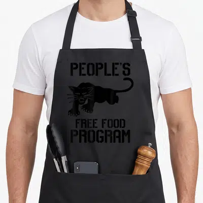Tablier de cuisine noir avec inscription « People's Free Food Program » et silhouette de panthère féroce en stencils noirs.