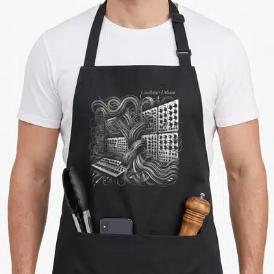 Tablier de cuisine noir avec illustration détaillée de modules Eurorack et câbles ondulants en blanc.