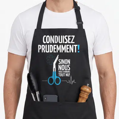 Tablier de cuisine noir avec ciseaux bleus, étoile de vie et texte Conduisez prudemment sinon nous vous verrons tout nu.