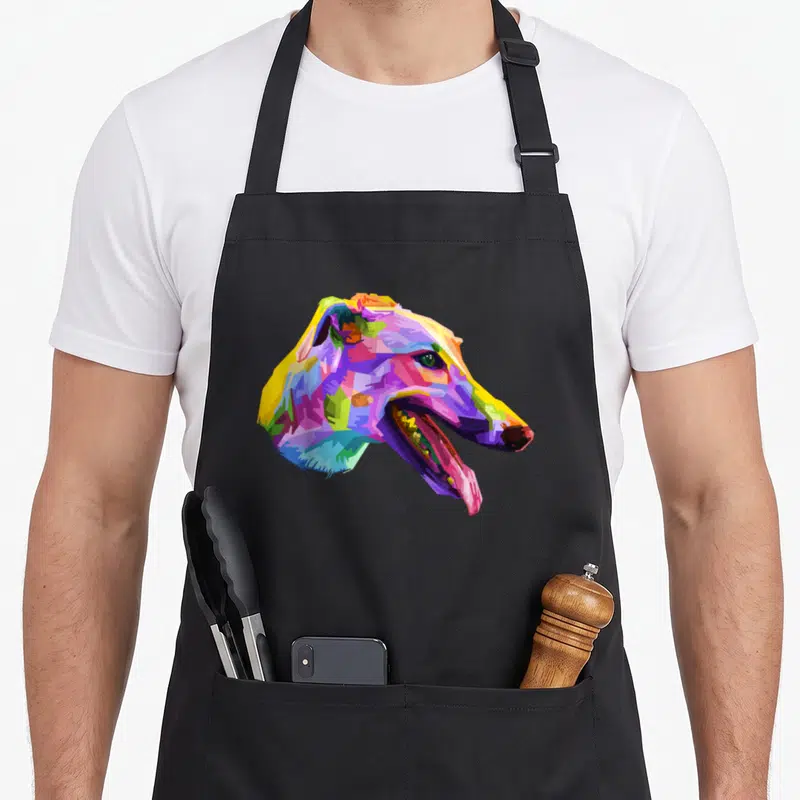 Tablier de cuisine noir avec portrait lévrier anglais en style pop art multicolore et géométrique.