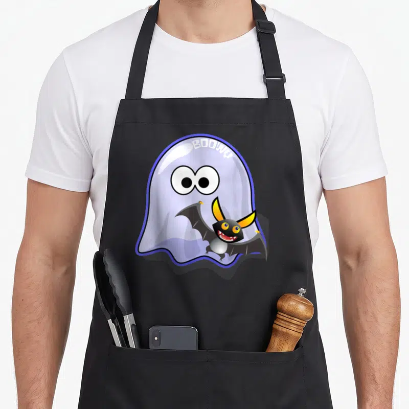 Tablier de cuisine noir avec illustration d'un fantôme violet Boowy tenant une chauve-souris noire Freaky souriante.
