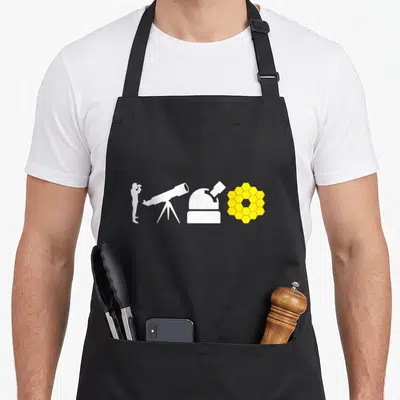Tablier de cuisine noir avec silhouette observateur, télescope sur trépied, dôme d'observatoire et miroir hexagonal jaune du télescope spatial.