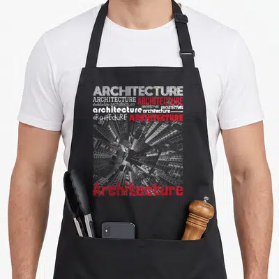 Tablier de cuisine noir avec typographie Architecture rouge et dessin d'immeubles en perspective.