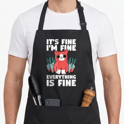 Tablier de cuisine noir avec un chat rouge entouré de couteaux et le texte It's Fine I'm Fine Everything Is Fine imprimé en blanc.