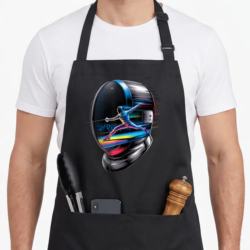 Tablier de cuisine noir avec illustration colorée d'un escrimeur en action dans un masque de protection stylisé.