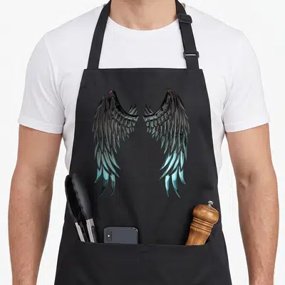 Tablier de cuisine noir avec deux grandes ailes d'ange aux plumes métalliques et nuances turquoise sur le dos.