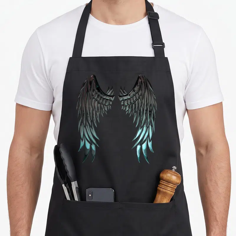 Tablier de cuisine noir avec deux grandes ailes d'ange aux plumes métalliques et nuances turquoise sur le dos.