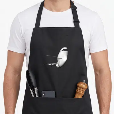 Tablier de cuisine noir avec l'image d'un jumbo jet B747 en vol vue de dessous.