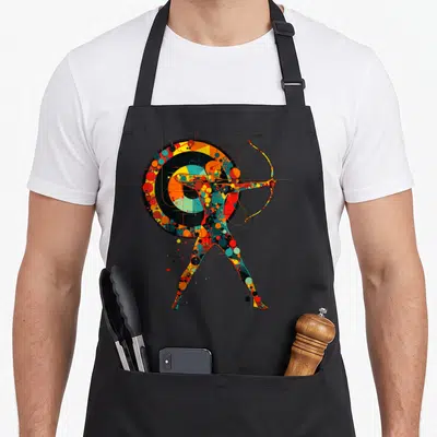 Tablier de cuisine noir avec illustration colorée d'un archer géométrique devant une cible circulaire.