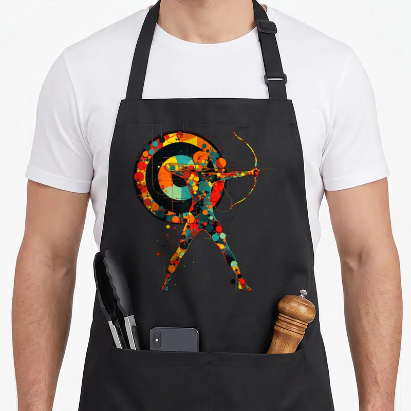Tablier de cuisine noir avec illustration colorée d'un archer géométrique devant une cible circulaire.