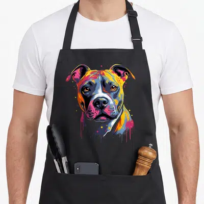 Tablier de cuisine noir avec portrait coloré d'un Amstaff American Staffordshire Terrier au style graffiti artistique.