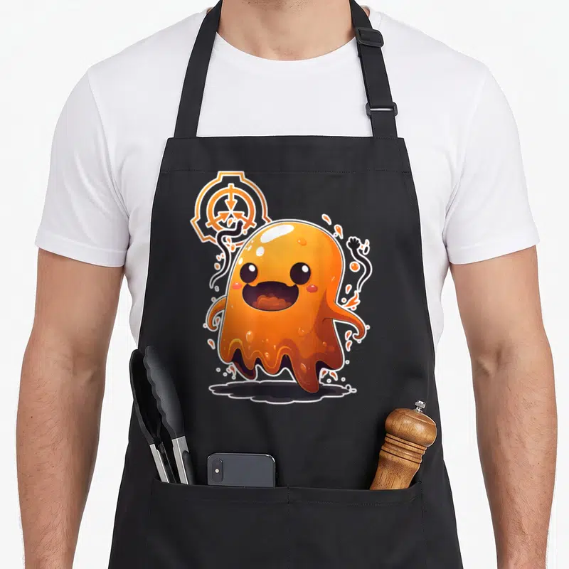 Tablier de cuisine noir avec une illustration colorée d'une gelée orange souriante et un logo géométrique en arrière-plan.