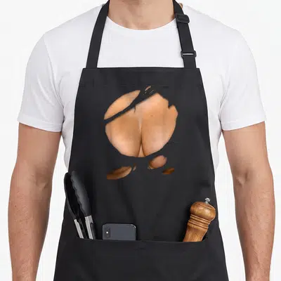 Tablier Chemise érotique déchirée Gros Seins — sur un tablier de cuisine noir, fond blanc