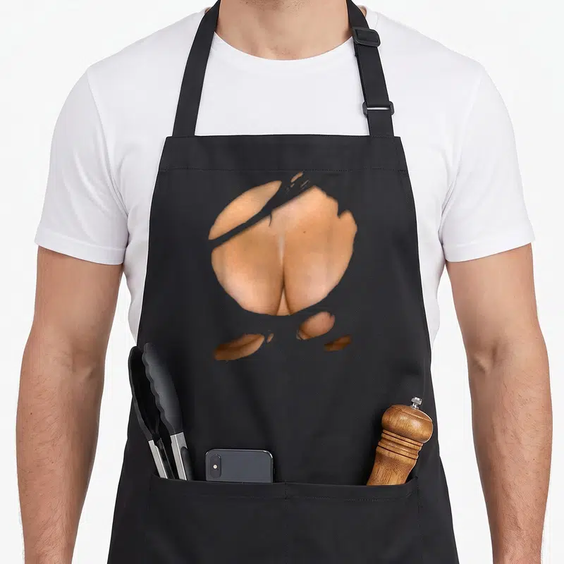Tablier Chemise érotique déchirée Gros Seins — sur un tablier de cuisine noir, fond blanc
