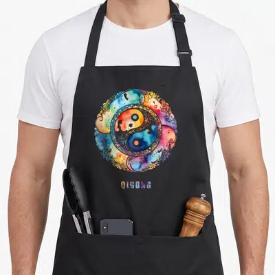 Tablier de cuisine noir avec un grand Yin Yang coloré et le texte Qi Gong en bas.