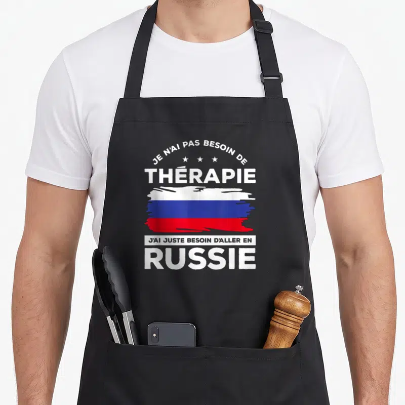 Tablier de cuisine noir avec inscription blanche Je n'ai pas besoin de thérapie J'ai juste besoin d'aller en Russie sur fond tricolore.