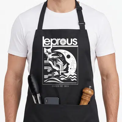 Tablier de cuisine noir avec illustration graphique blanche Leprous Unfree My Soul et motifs abstraits.