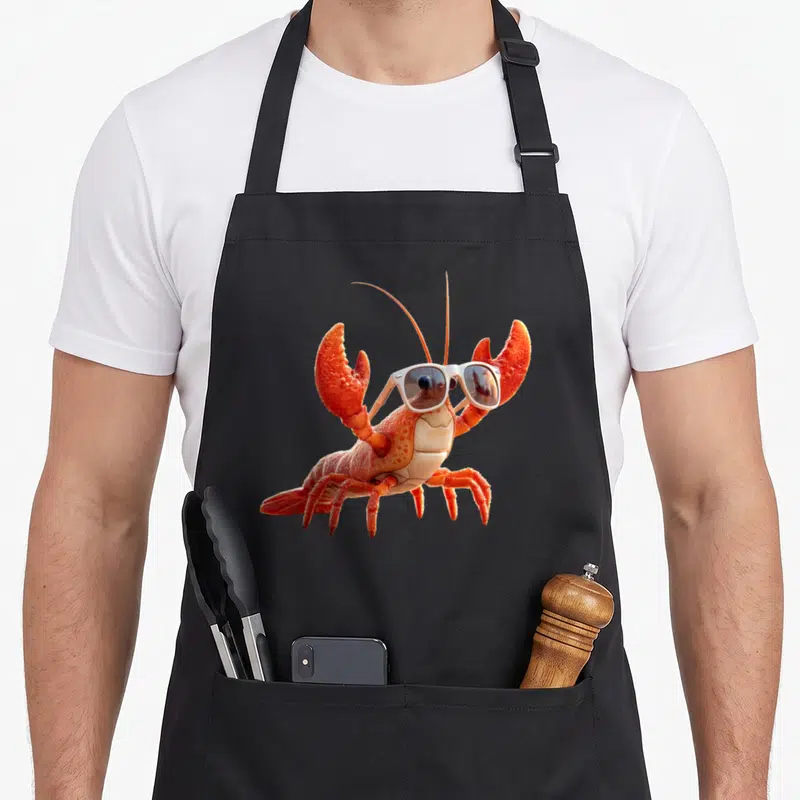 Tablier de cuisine noir avec homard crustacé portant des lunettes de soleil blanches sur le devant.