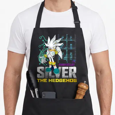 Tablier de cuisine noir avec illustration de Silver The Hedgehog et texte 20th anniversary en style dégradé.