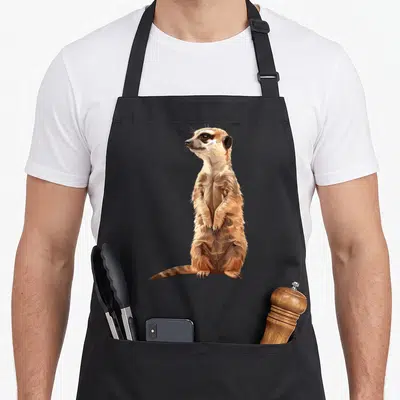 Tablier de cuisine noir avec un suricate beige et marron debout sur ses pattes arrière