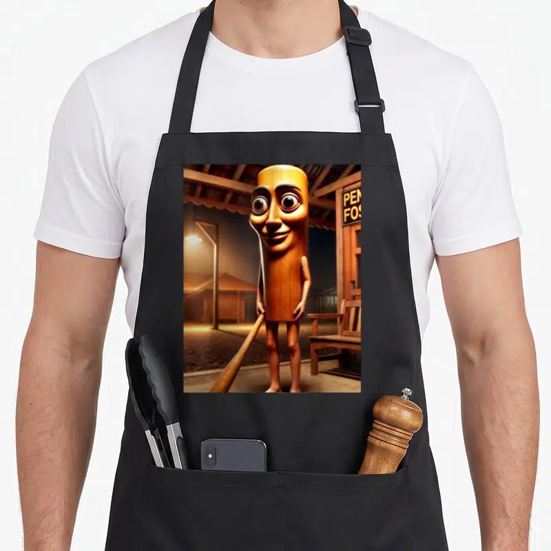 Tablier de cuisine noir avec illustration d'un personnage cylindrique en bois tenant un bâton dans une rue nocturne éclairée par des lampadaires.