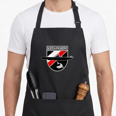 Tablier de cuisine noir avec emblème Kriegsmarine, sous-marin U-boat et shark stylisé sur fond rouge et noir.