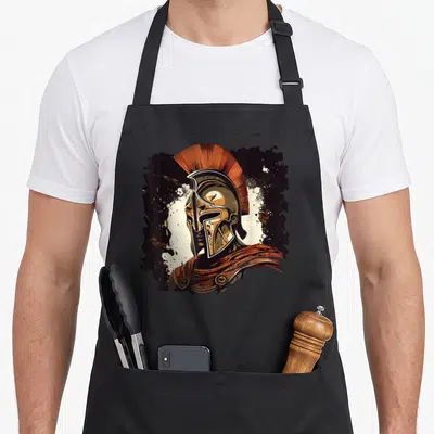 Tablier de cuisine noir avec illustration casque spartain Leonidas crête rouille et effet éclaboussure sombre.