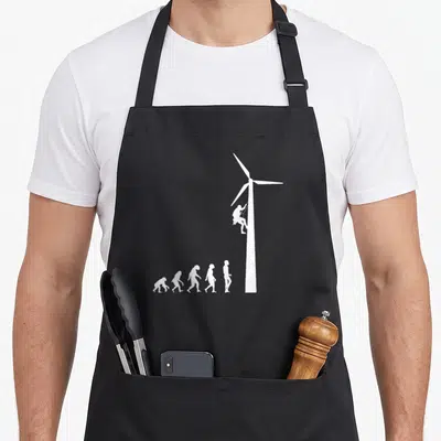 Tablier de cuisine noir avec silhouette blanche montrant l'évolution humaine et un grimpeur d'éolienne.