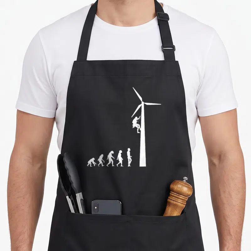 Tablier de cuisine noir avec silhouette blanche montrant l'évolution humaine et un grimpeur d'éolienne.