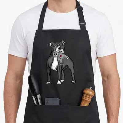 Tablier de cuisine noir avec illustration d'un American Staffordshire Terrier tenant une peluche grise dans sa bouche.