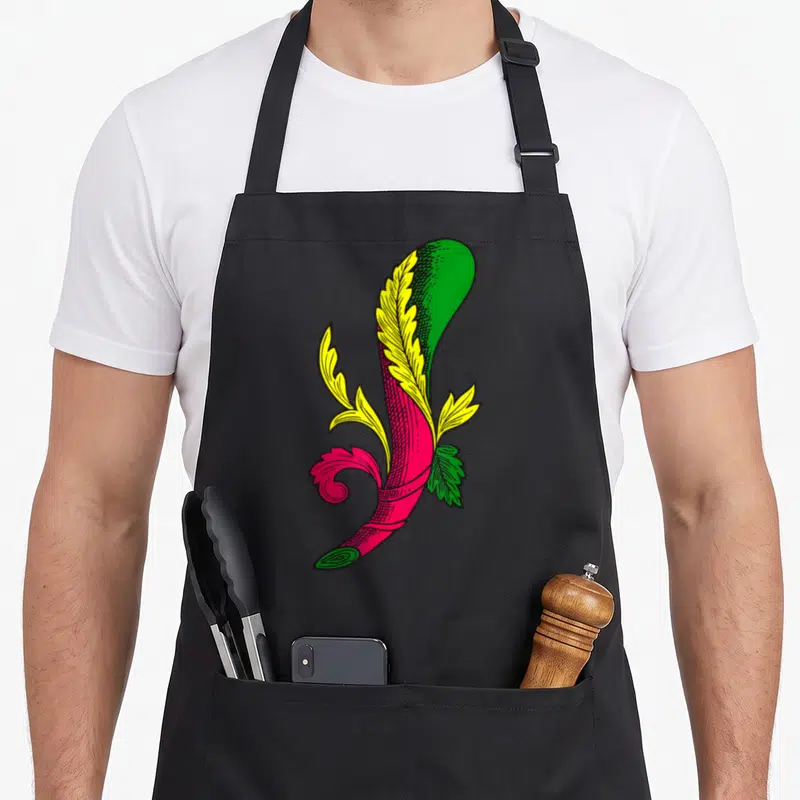 Tablier de cuisine noir avec illustration d'une bannière rose et verte ornée de feuilles jaunes stylisées.