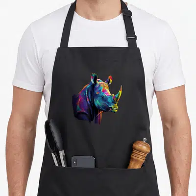 Tablier de cuisine noir avec tête de rhinocéros multicolore en style pop art géométrique et coulures de peinture.