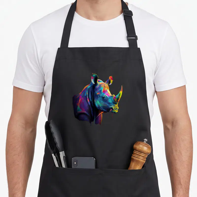 Tablier de cuisine noir avec tête de rhinocéros multicolore en style pop art géométrique et coulures de peinture.