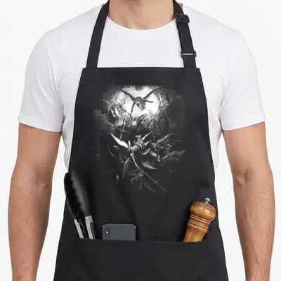 Tablier de cuisine noir avec une gravure monochrome représentant des êtres ailés en chute dans un style sombre.