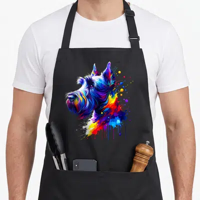 Tablier de cuisine noir avec portrait artistique d'un Scottie Terrier aux couleurs vives et éclats de peinture.