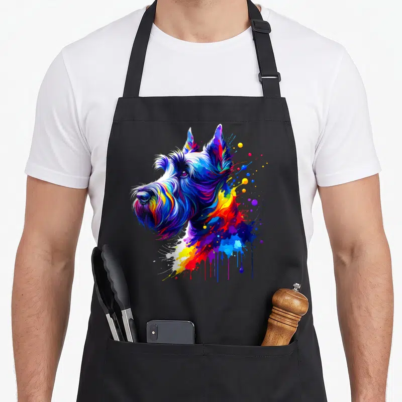 Tablier de cuisine noir avec portrait artistique d'un Scottie Terrier aux couleurs vives et éclats de peinture.