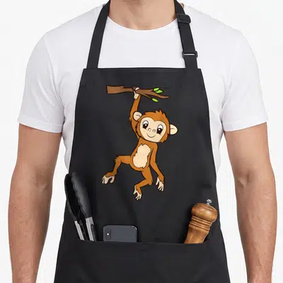 Tablier de cuisine noir avec un singe marron accroché à une branche verte aux yeux ronds et souriants.