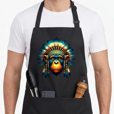 Tablier de cuisine noir avec un singe bonobo portant un heaume de plumes indiennes bleues et dorées.