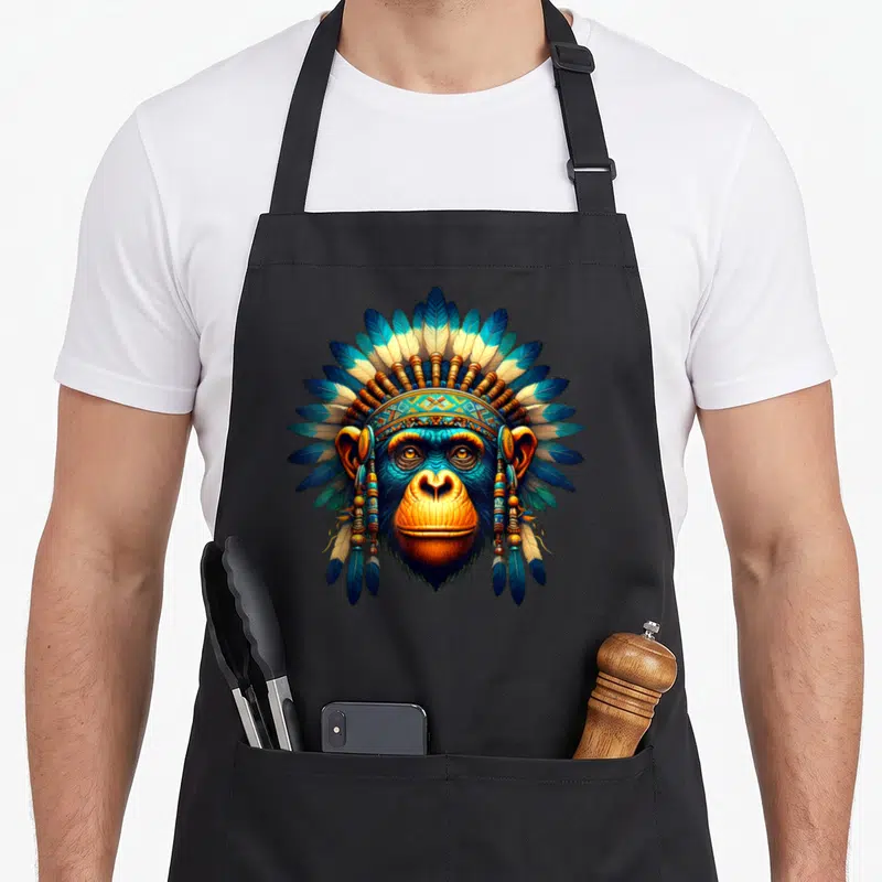 Tablier de cuisine noir avec un singe bonobo portant un heaume de plumes indiennes bleues et dorées.